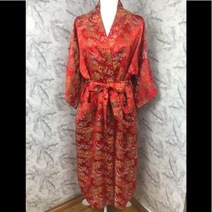 Vintage Asian Red Print Long Belted Robe